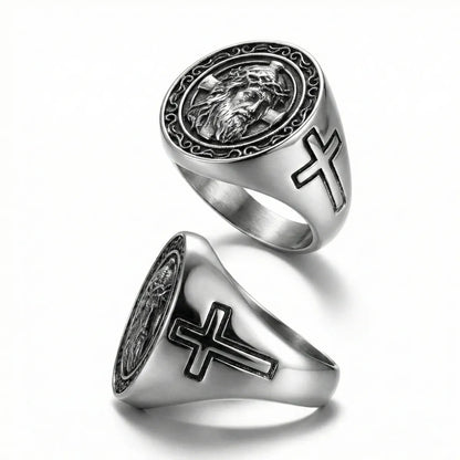 Silver Jesus Cross Ring Multi Angle Details