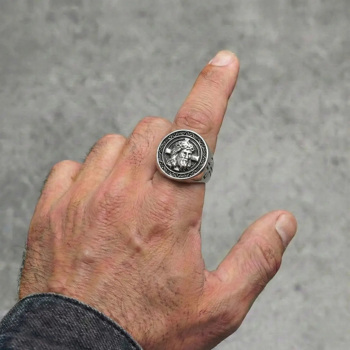 Silver Jesus Cross Ring Worn by Male Model