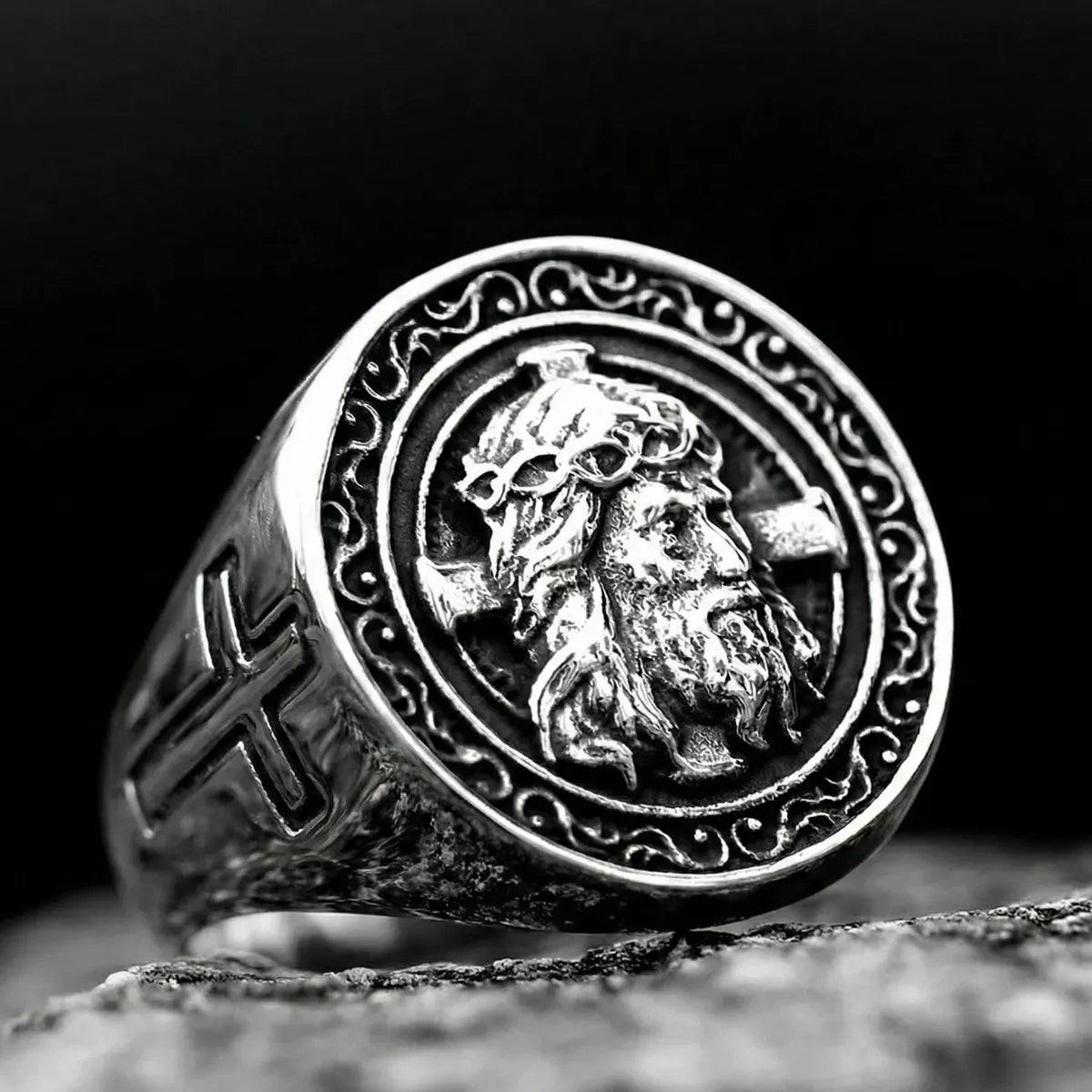 Silver Jesus Cross Ring