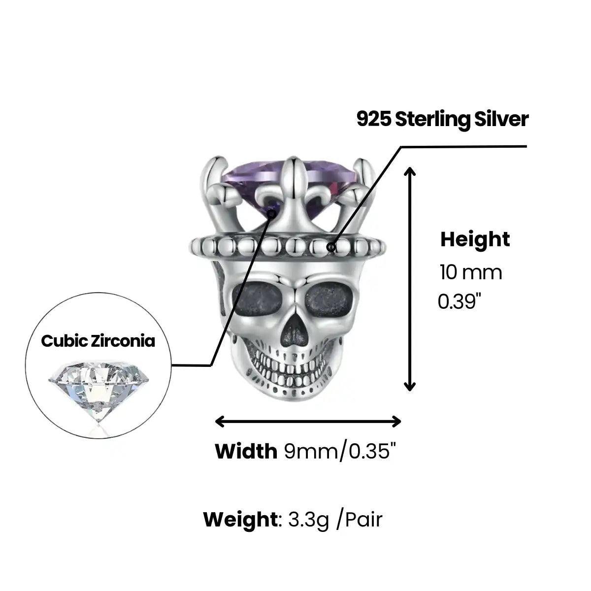 Silver King of Skull Stud Earrings Dimensions and Weight