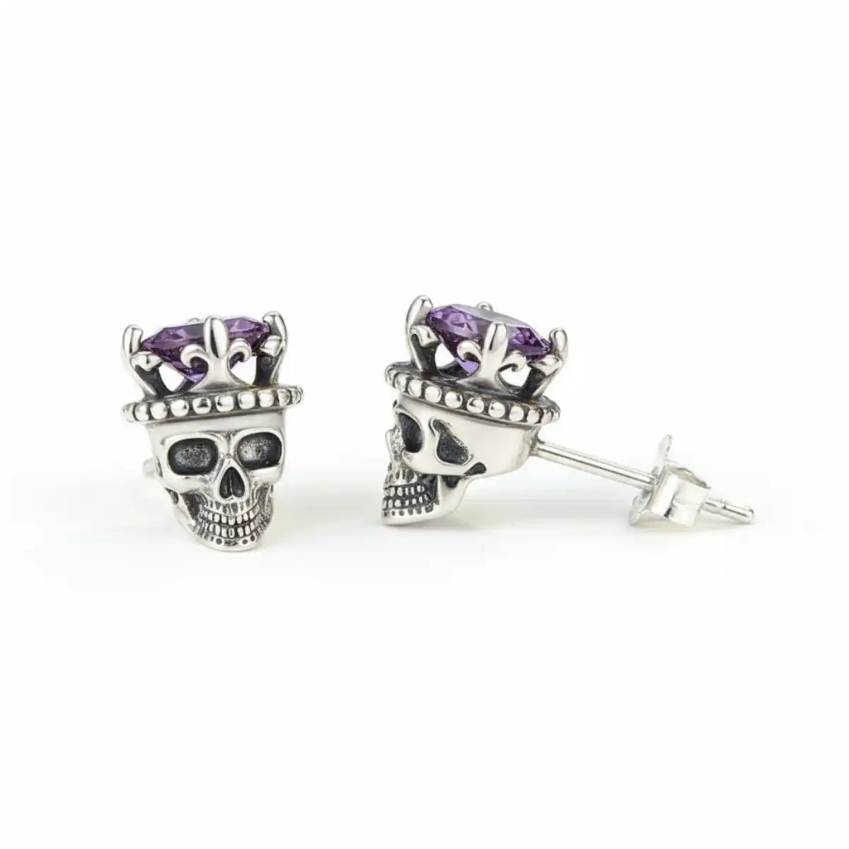 Silver King of Skull Stud Earrings Front