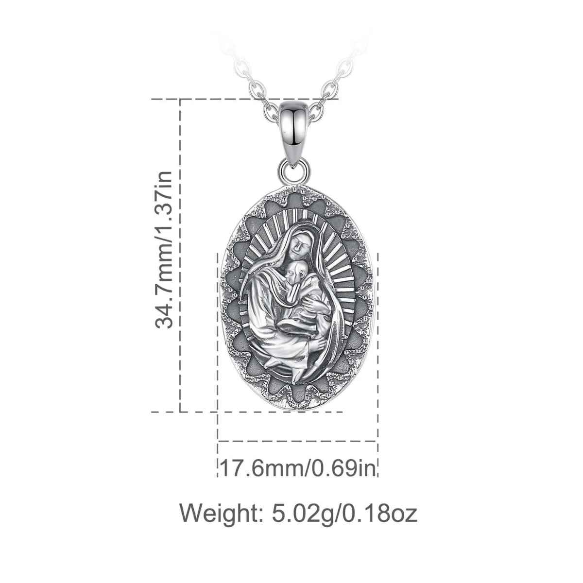 Silver Mary and Baby Jesus Necklace Dimensions and Weight Xenos Jewelry