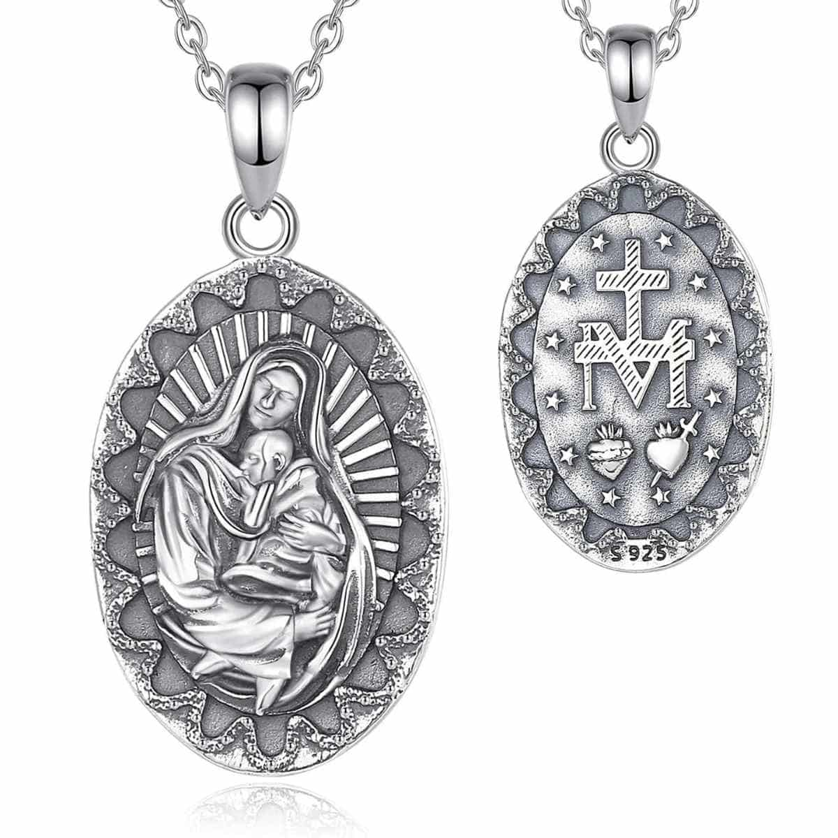 Silver Mary and Baby Jesus Necklace with 18 inch Chain Xenos Jewelry