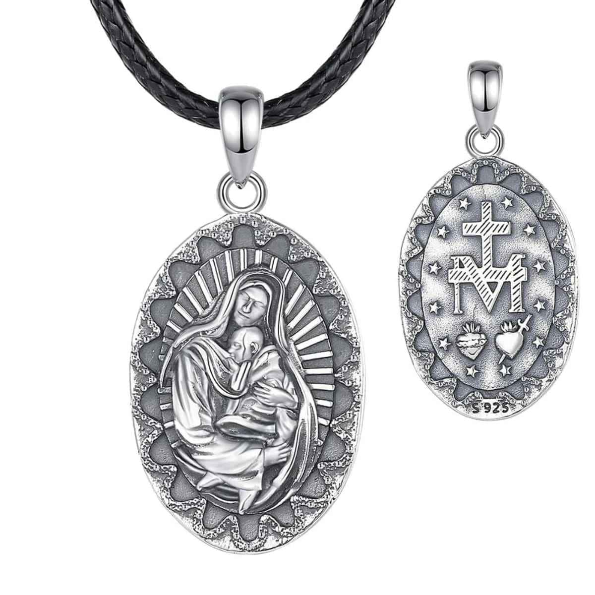 Silver Mary and Baby Jesus Necklace with 24 inch Rope Xenos Jewelry