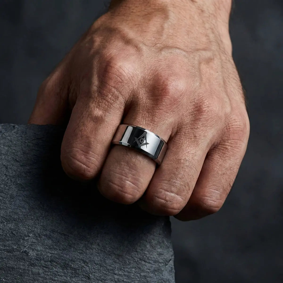 Silver Masonic Tungsten Ring Worn by Male Model
