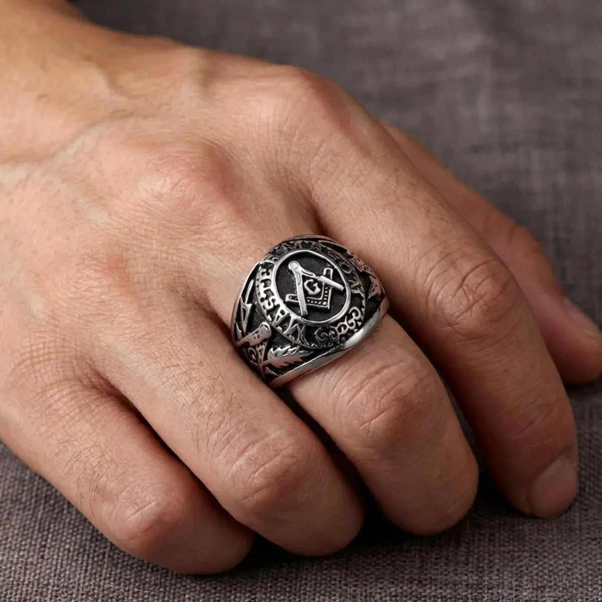 Silver Master Mason Degree Ring Worn by Male Model