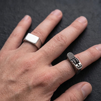 Silver Mens Flat Top Ring and Lighter Ring Worn on Hand Close Up
