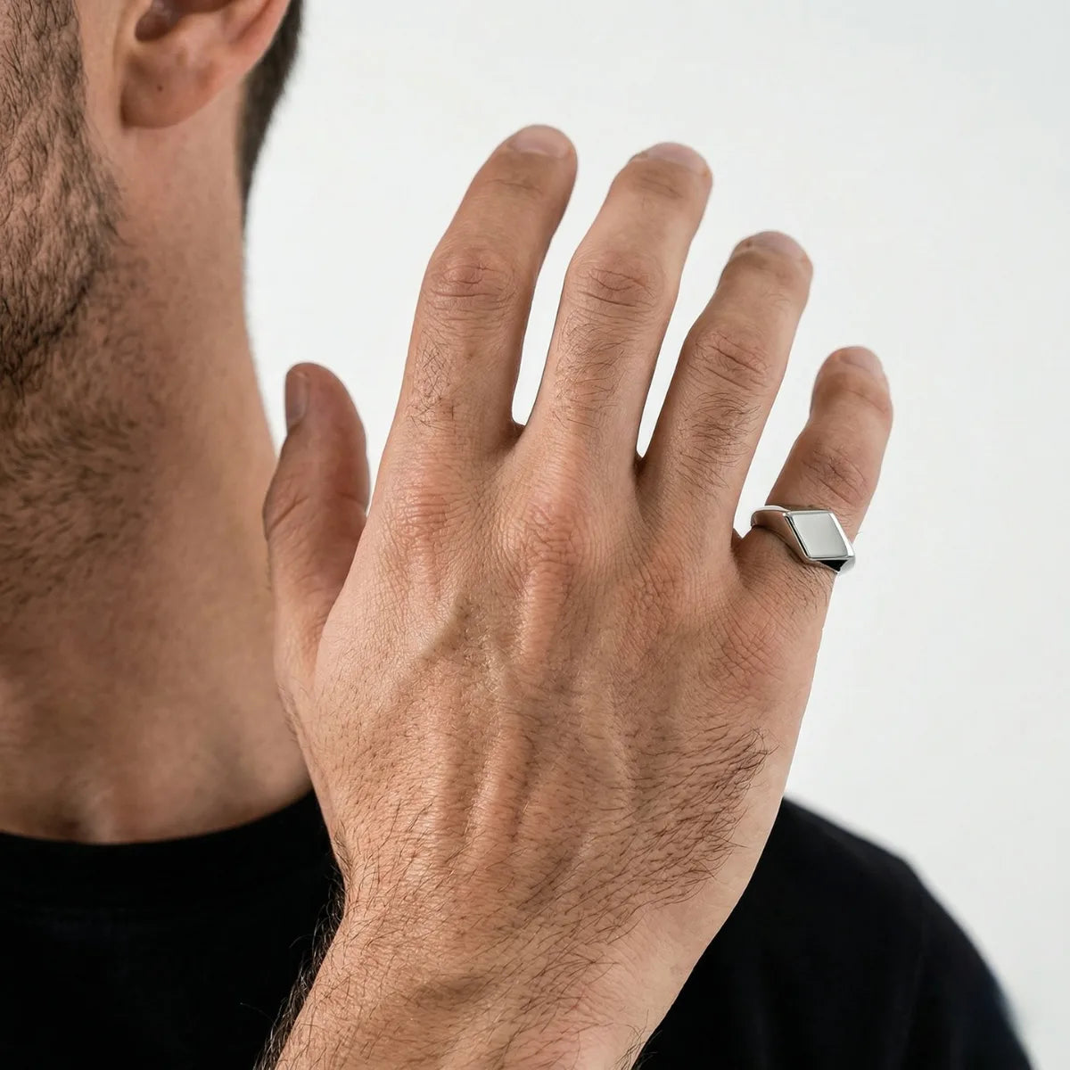 Silver Minimalist Signet Pinky Ring Worn by Male Model Front View