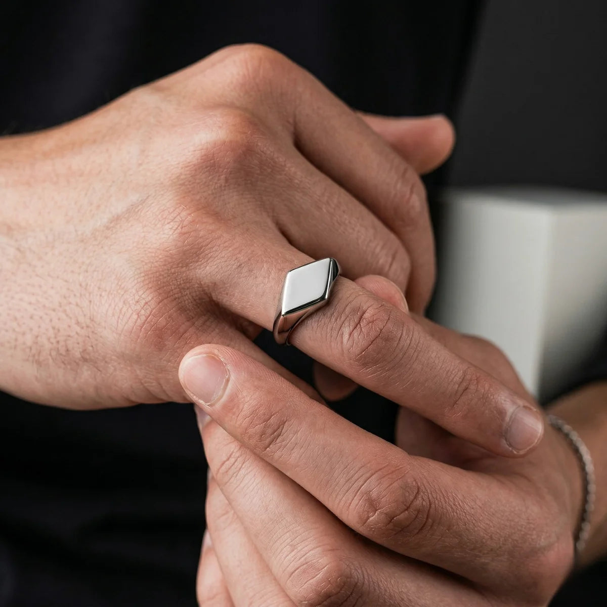 Silver Minimalist Signet Pinky Ring Worn by Male Model