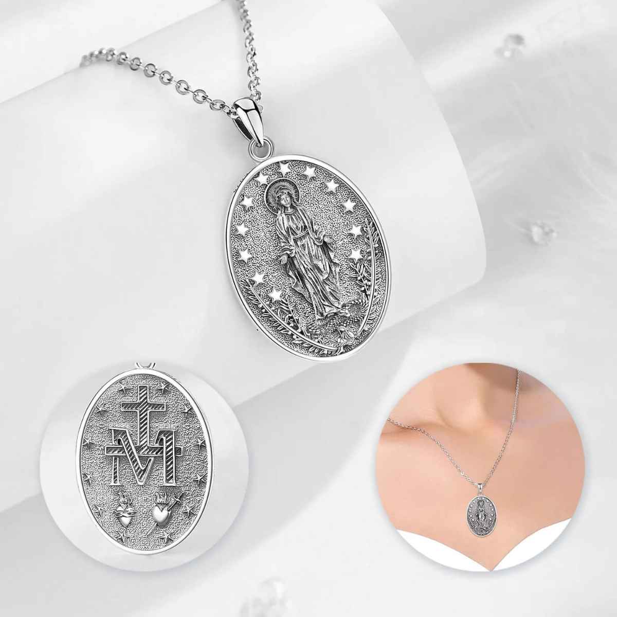 Silver Miraculous Mary Necklace Details Xenos Jewelry