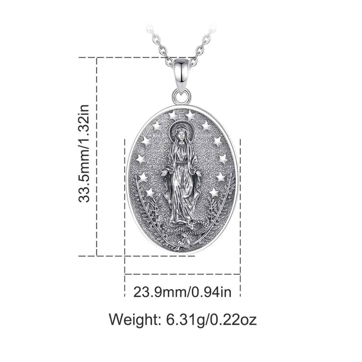 Silver Miraculous Mary Necklace Dimensions and Weight Xenos Jewelry