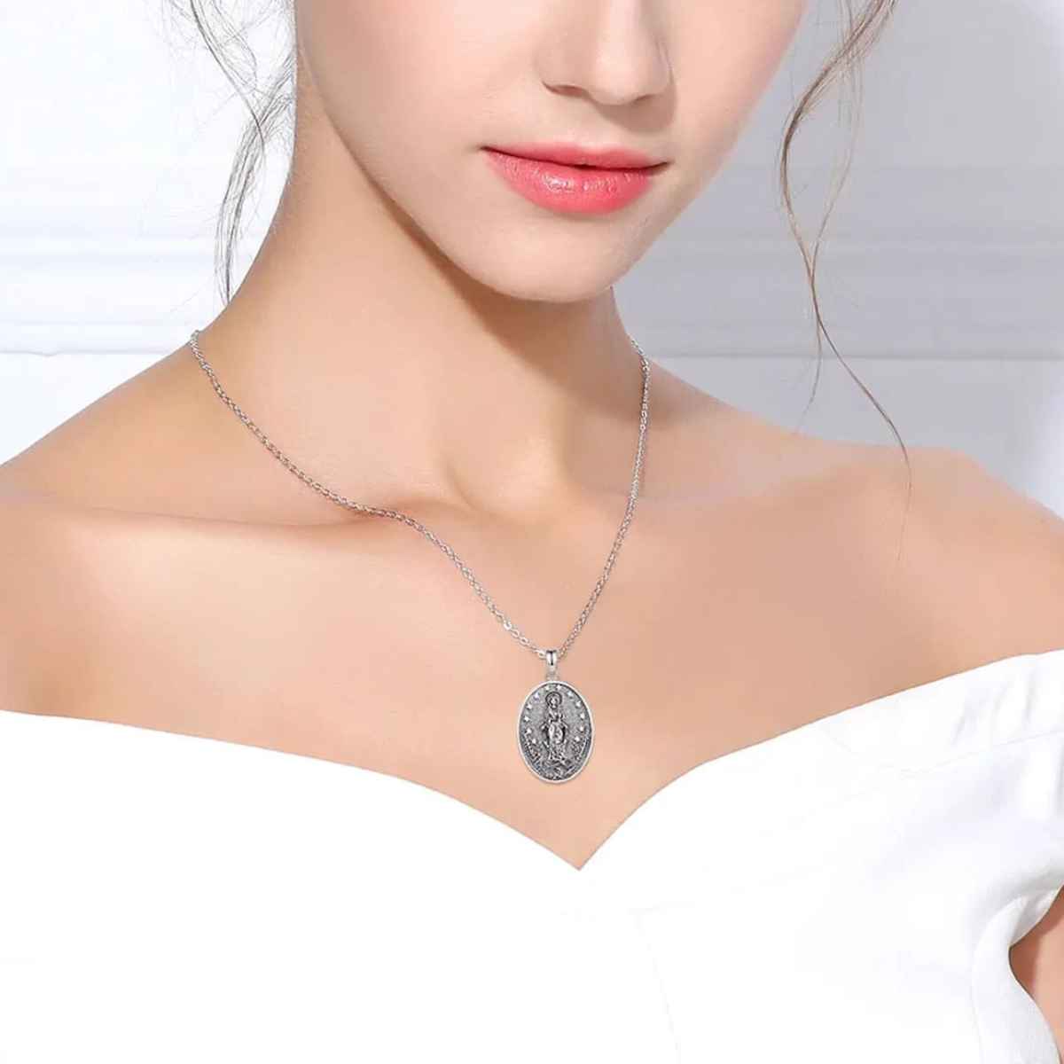 Silver Miraculous Mary Necklace Worn by Model Xenos Jewelry