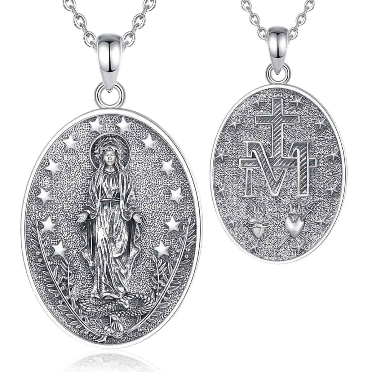 Silver Miraculous Mary Necklace with 18 inch Chain Xenos Jewelry