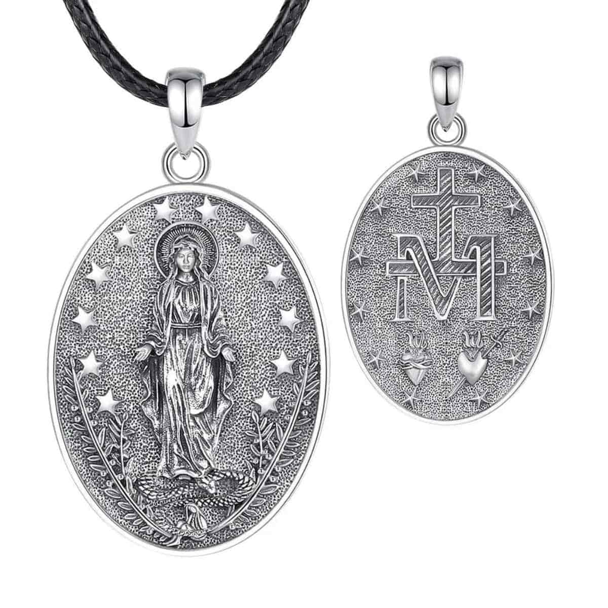 Silver Miraculous Mary Necklace with 24 inch Rope Xenos Jewelry