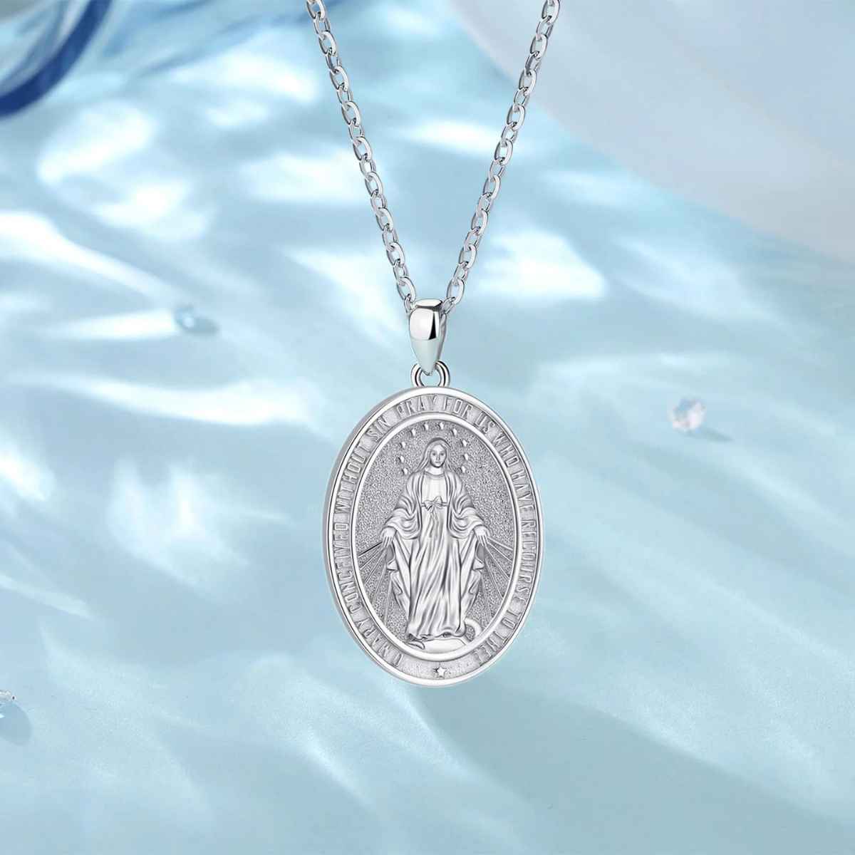 Silver Miraculous Mary Pendant Details Xenos Jewelry