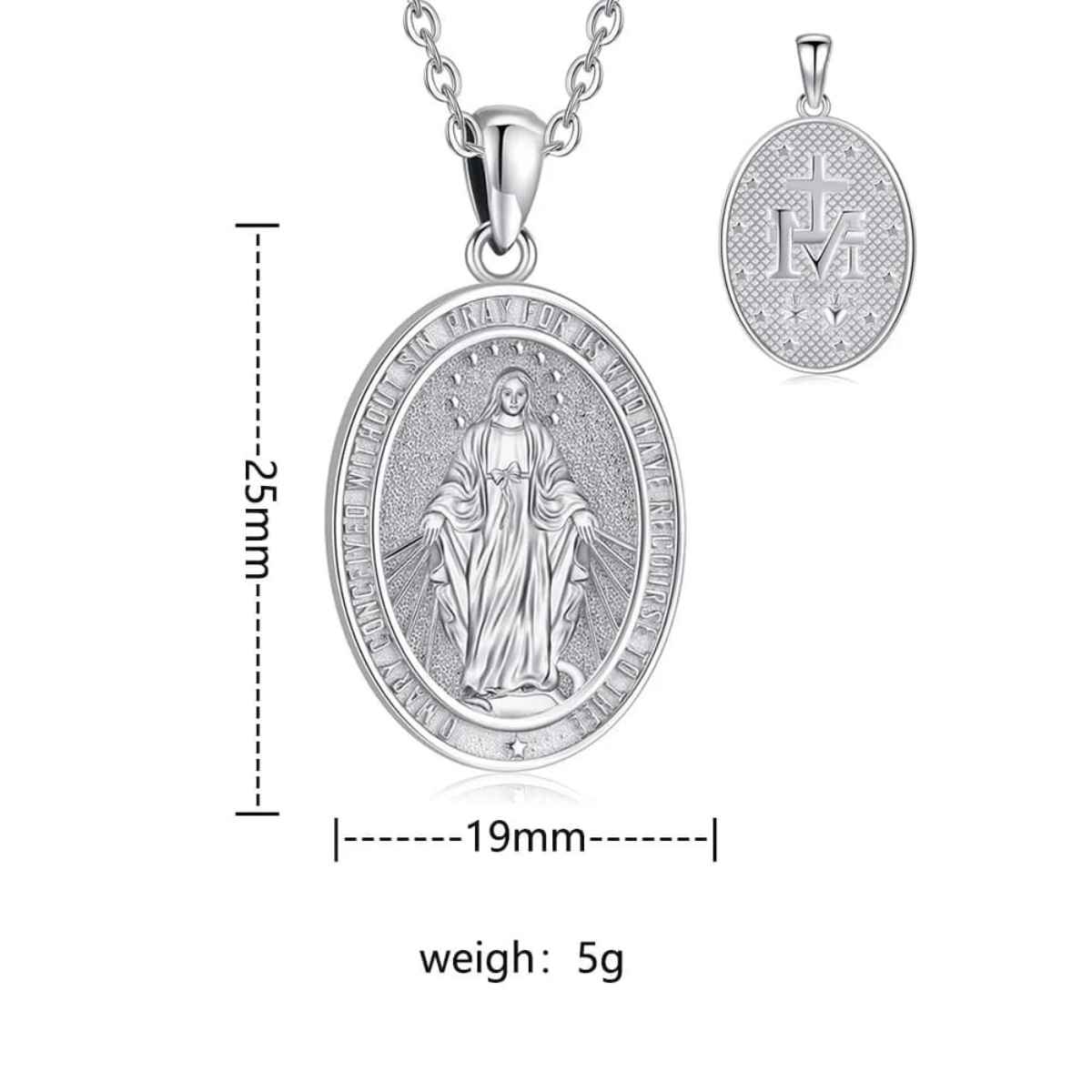 Silver Miraculous Mary Pendant Dimensions and Weight Xenos Jewelry