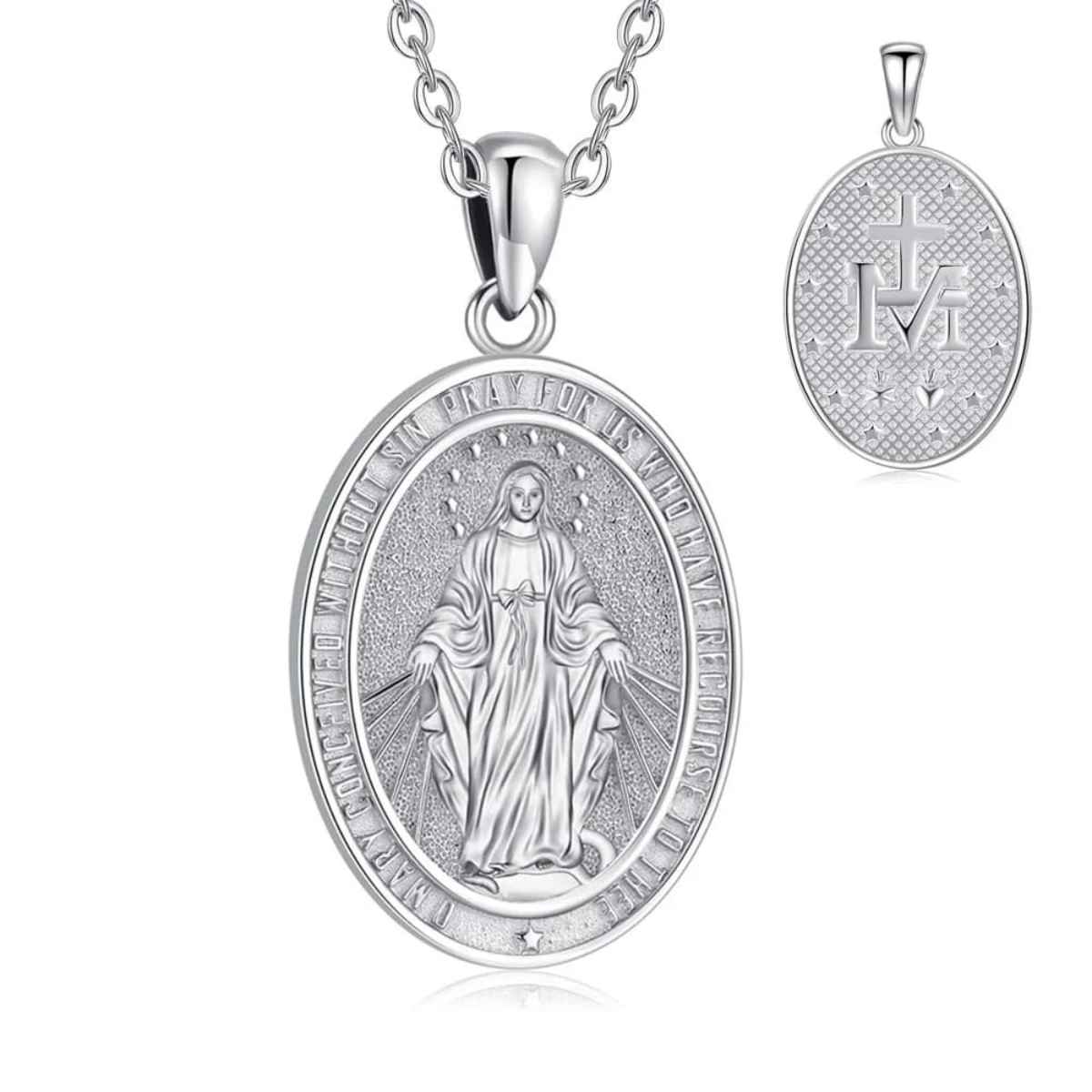 Silver Miraculous Mary Pendant with 18 inch Chain Xenos Jewelry