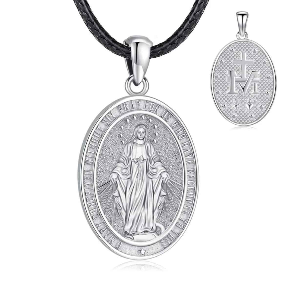 Silver Miraculous Mary Pendant with 24 inch Rope Xenos Jewelry