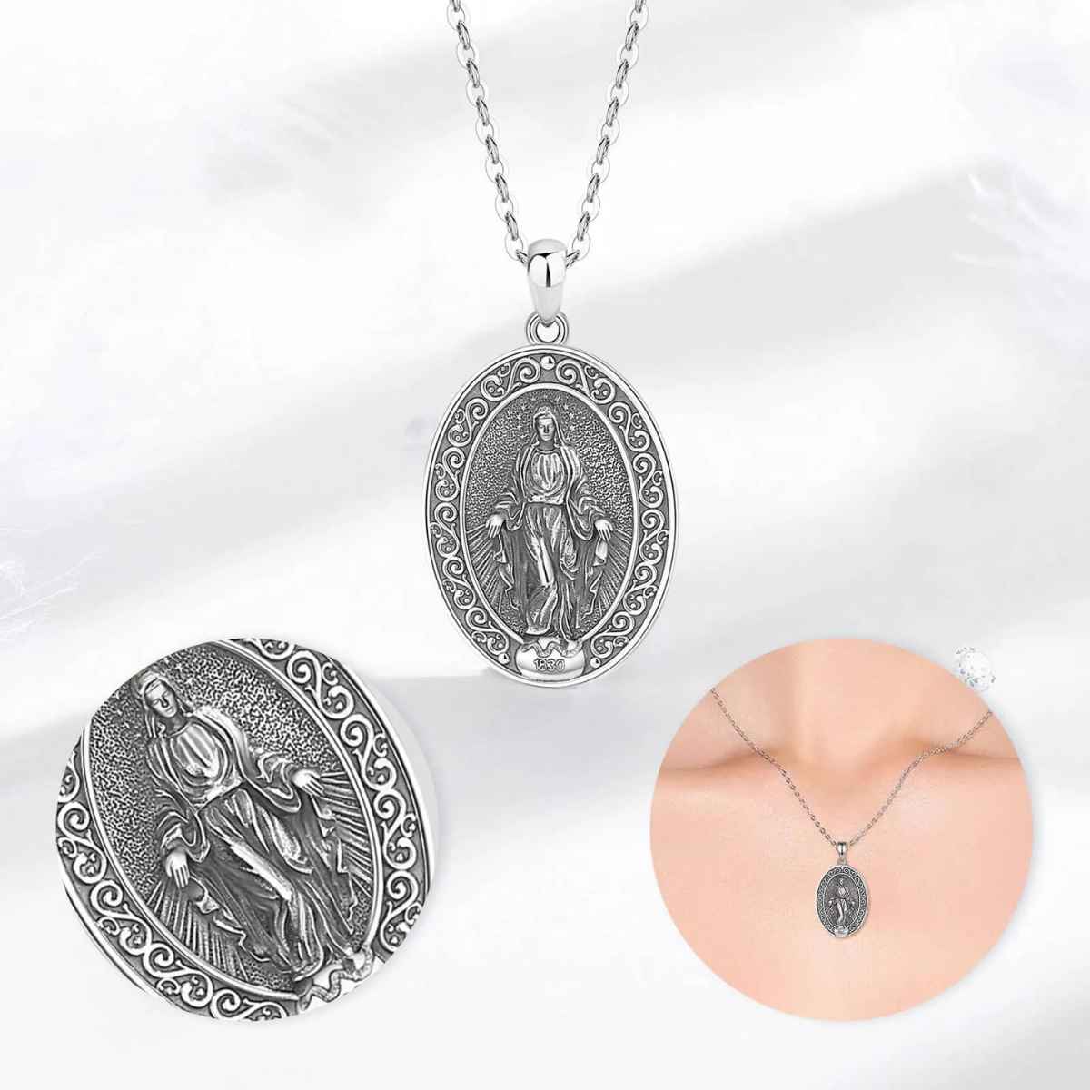 Silver Miraculous Medal Necklace Oval Details Xenos Jewelry