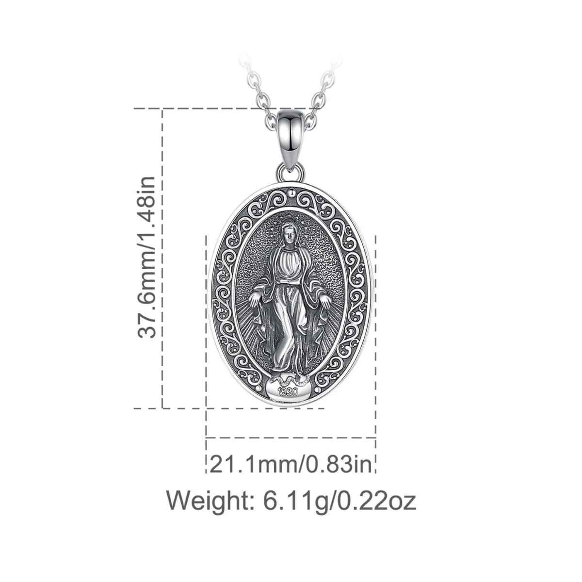 Silver Miraculous Medal Necklace Oval Dimensions and Weight Xenos Jewelry