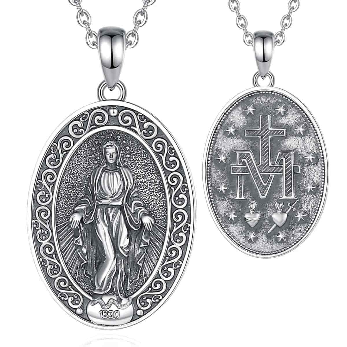 Silver Miraculous Medal Necklace Oval with 18 inch Chain Xenos Jewelry