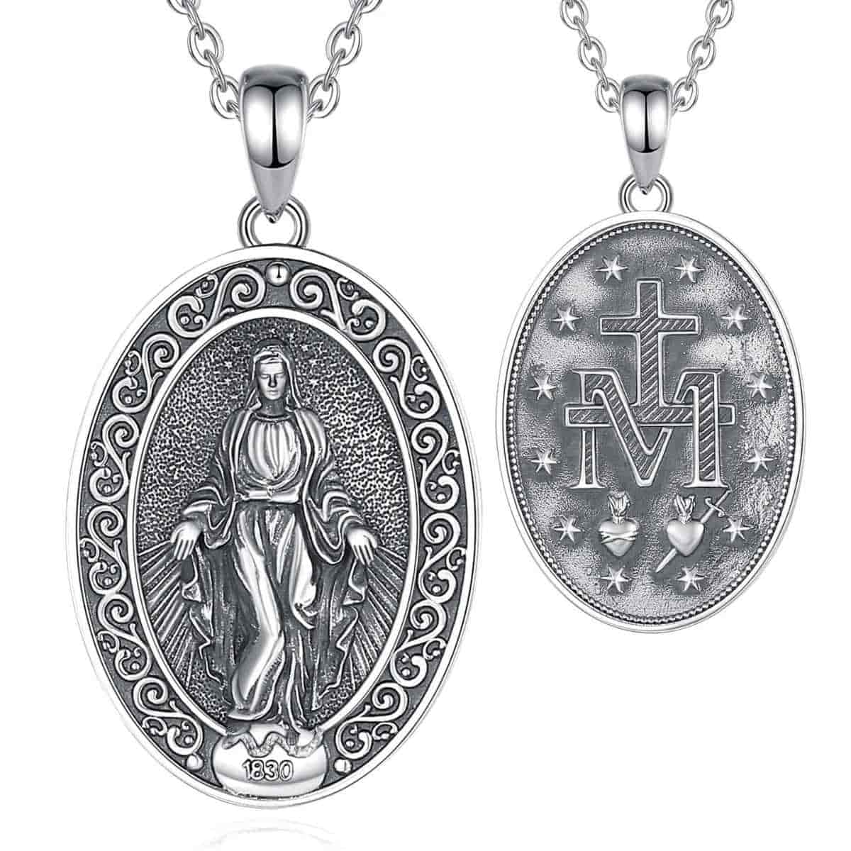 Silver Miraculous Medal Necklace Oval with 20 inch Chain Xenos Jewelry