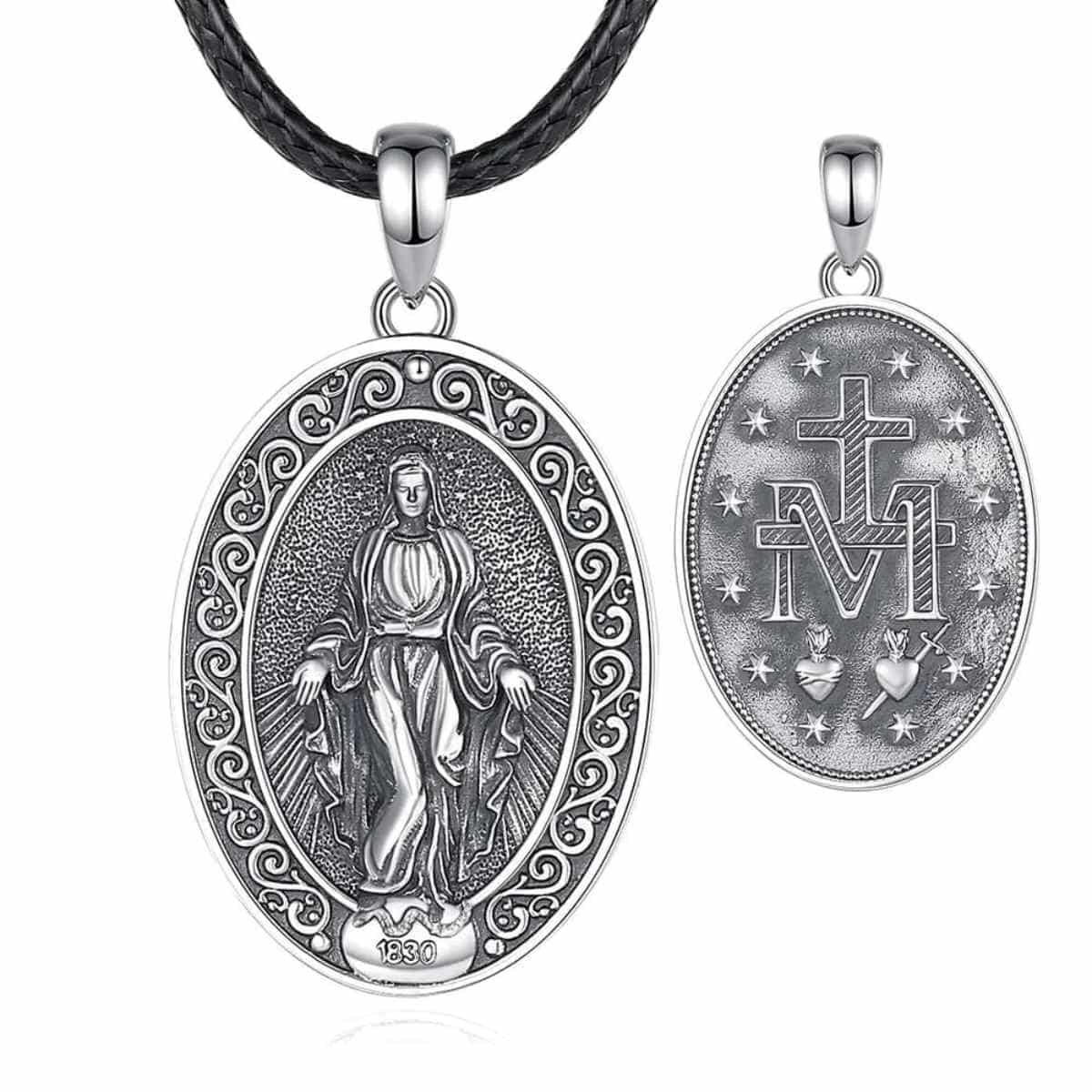 Silver Miraculous Medal Necklace Oval with 24 inch Rope Xenos Jewelry