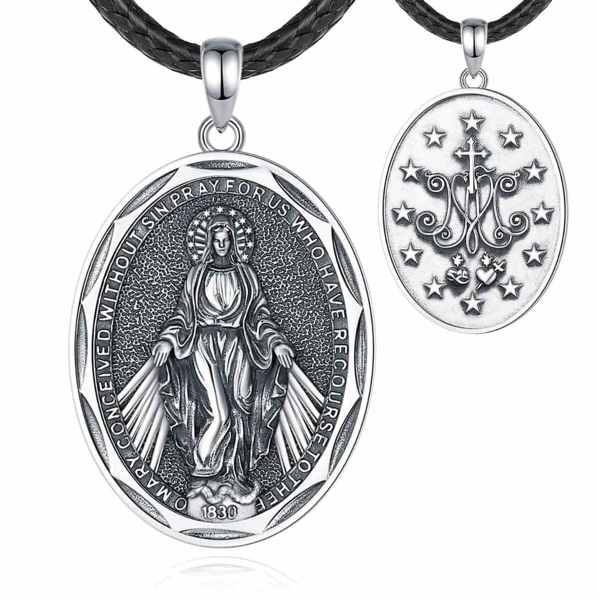 Silver Miraculous Medal Necklace with 24 inch Rope Xenos Jewelry