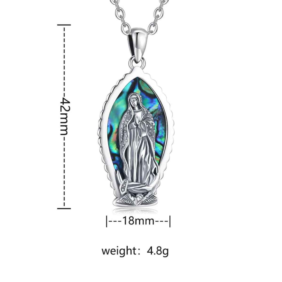 Silver Our Lady of Guadalupe Necklace Abalone Inlay Dimensions and Weight Xenos Jewelry