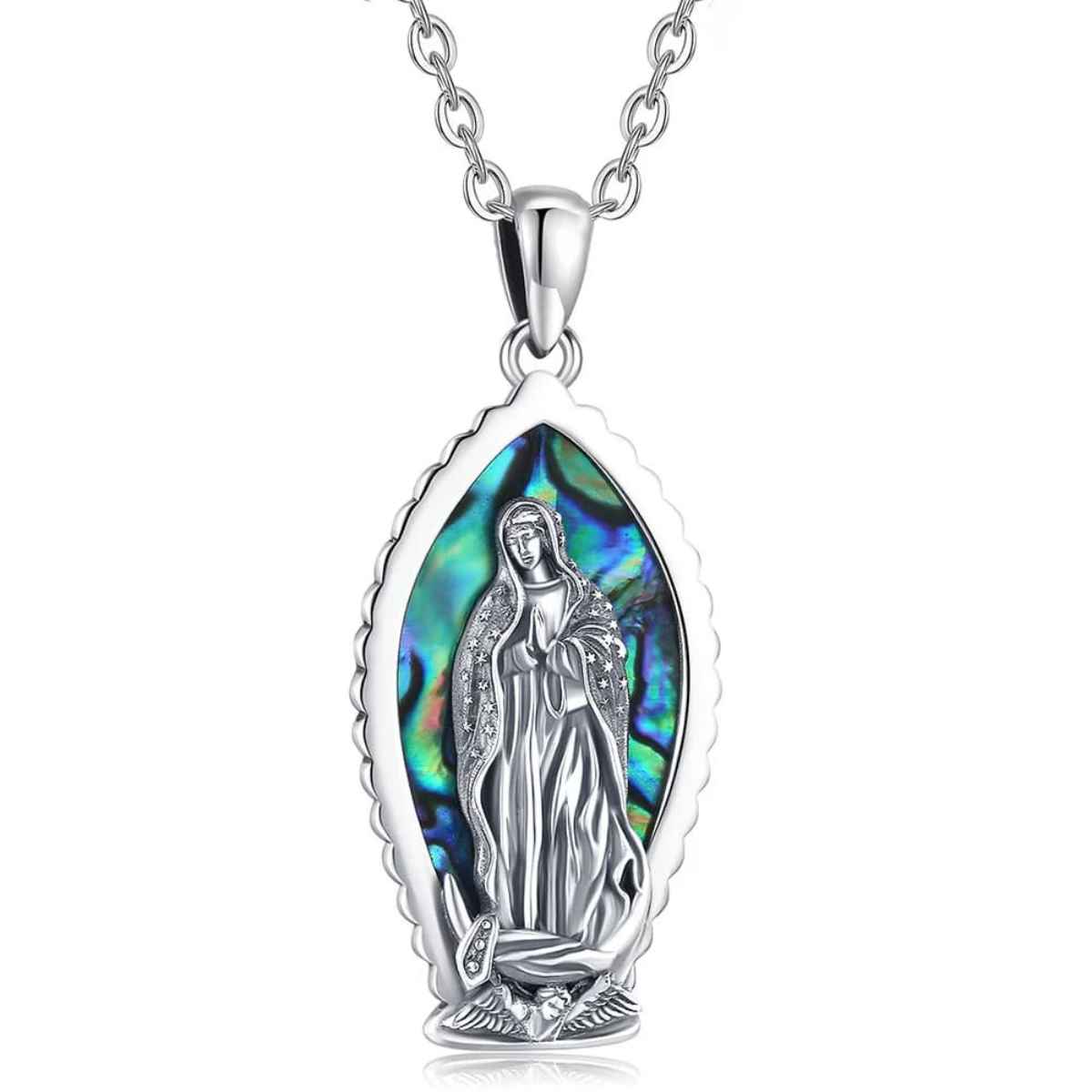 Silver Our Lady of Guadalupe Necklace Abalone Inlay with 18 inch Chain Xenos Jewelry