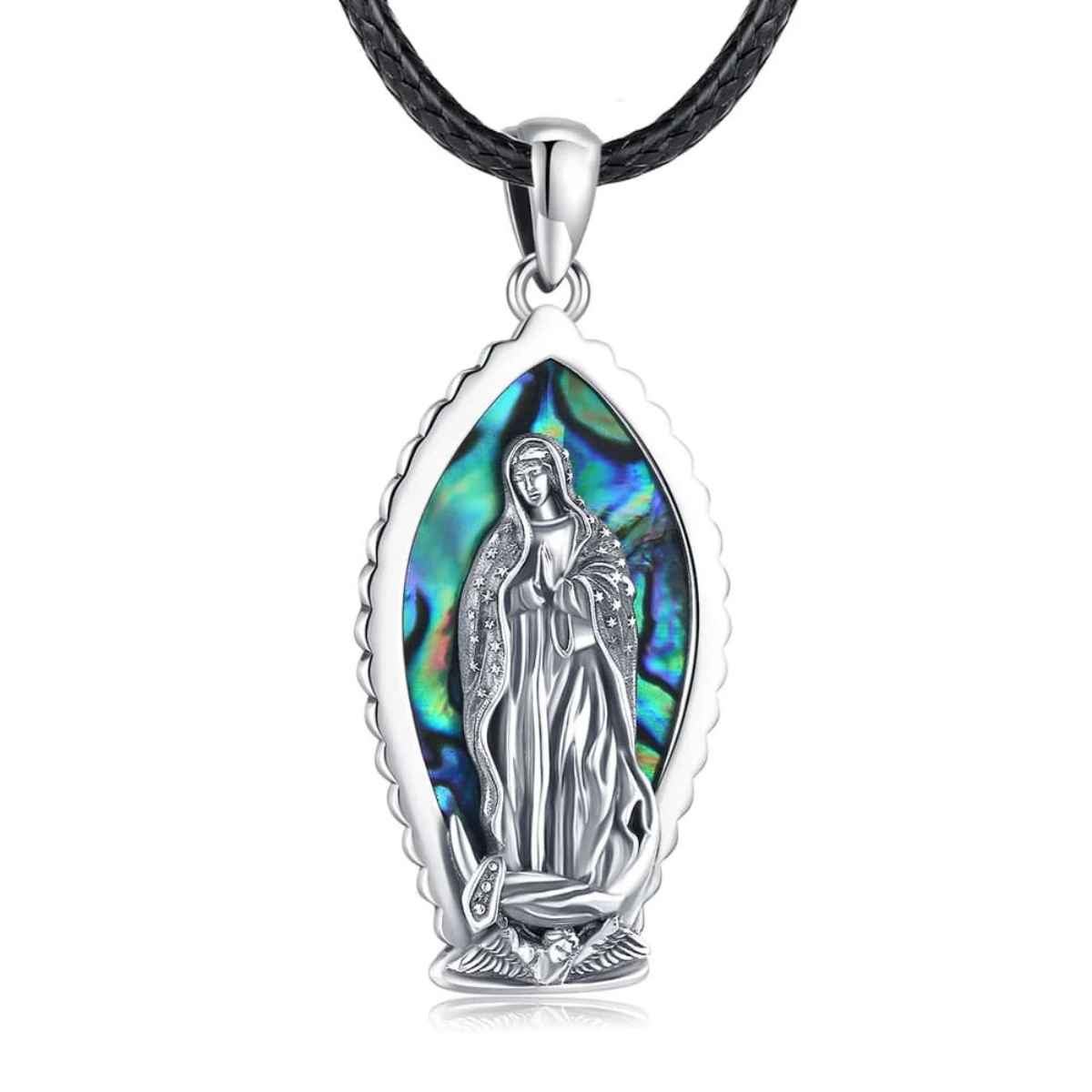 Silver Our Lady of Guadalupe Necklace Abalone Inlay with 24 inch Rope Xenos Jewelry