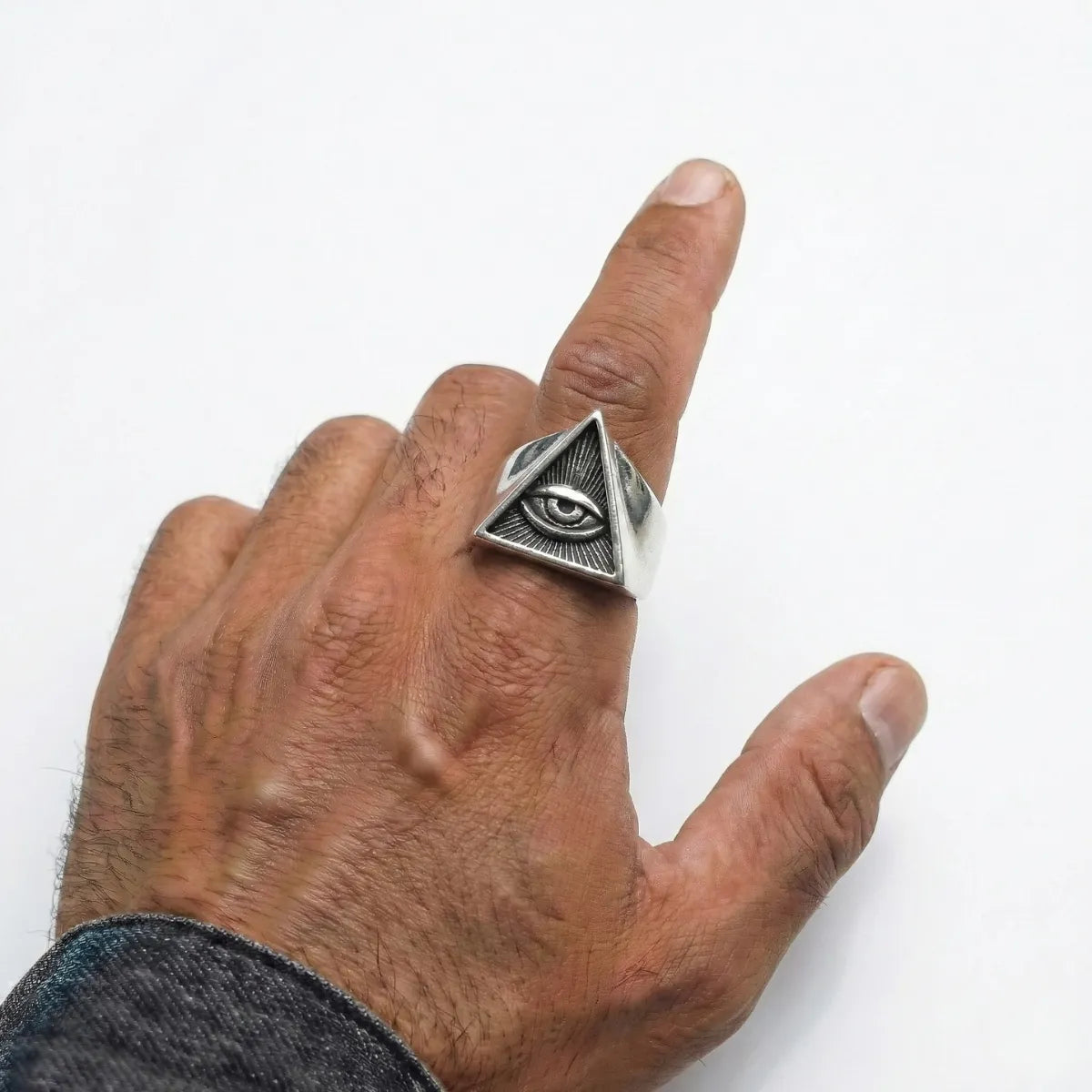 Silver Pyramid Eye Ring Worn by Male Model Close Up