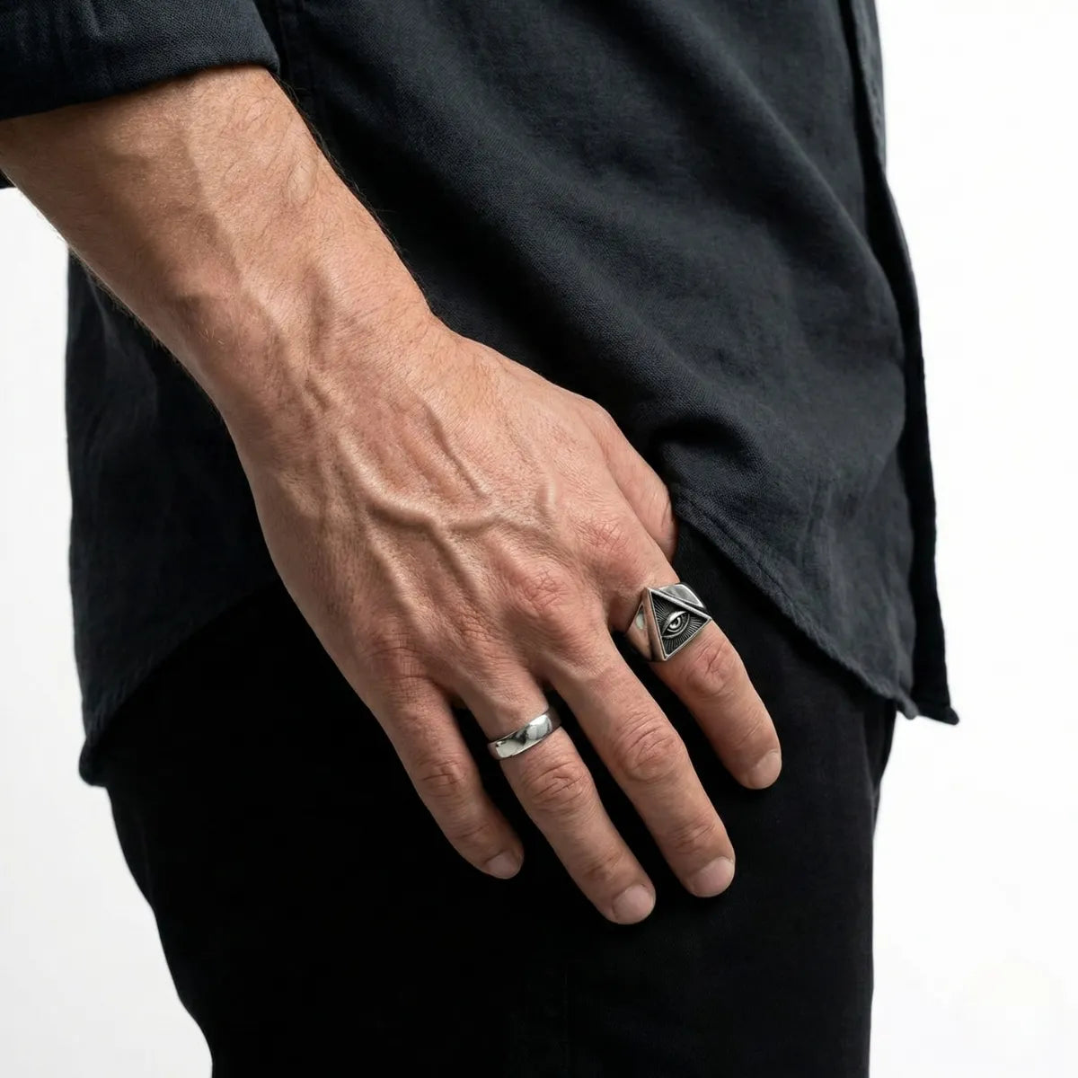 Silver Pyramid Eye Ring Worn by Male Model