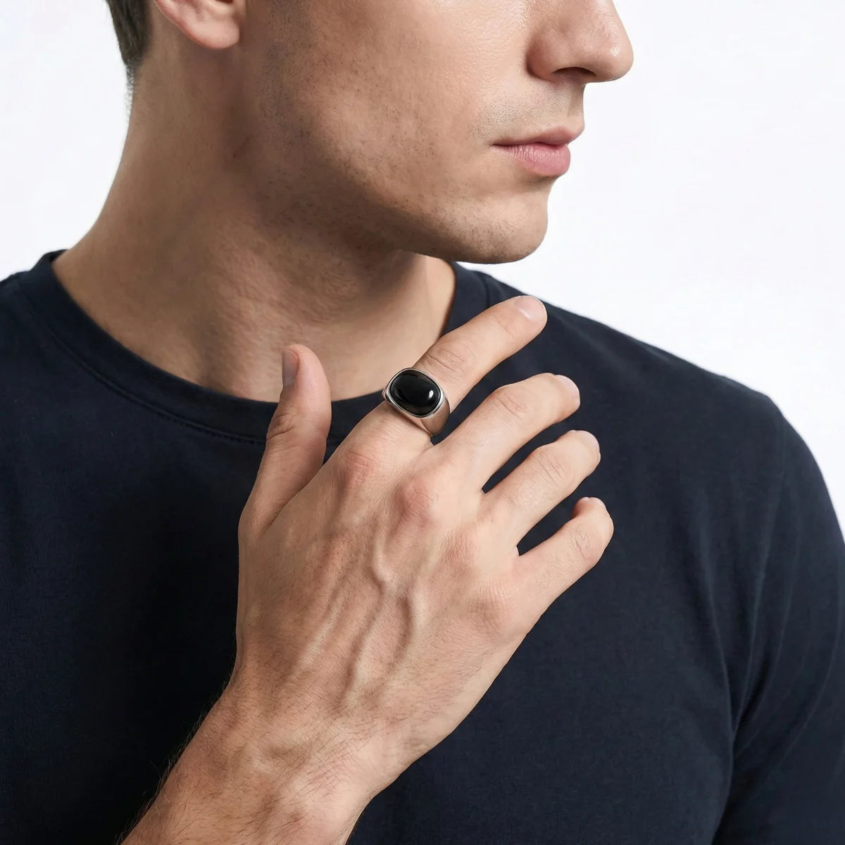 Silver Ring with Black Stone Worn by Male Model