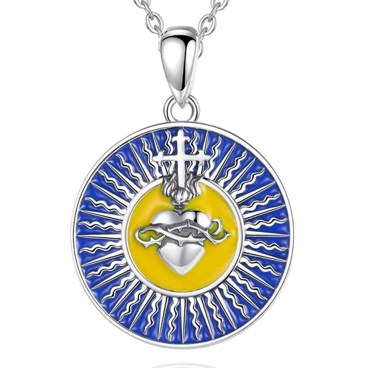 Silver Sacred Heart Necklace with Blue and Yellow Enamel Pendant Only Xenos Jewelry