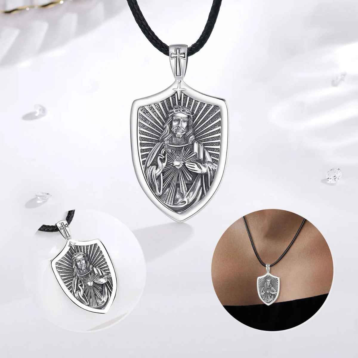 Silver Sacred Heart of Jesus Shield Necklace Details Xenos Jewelry