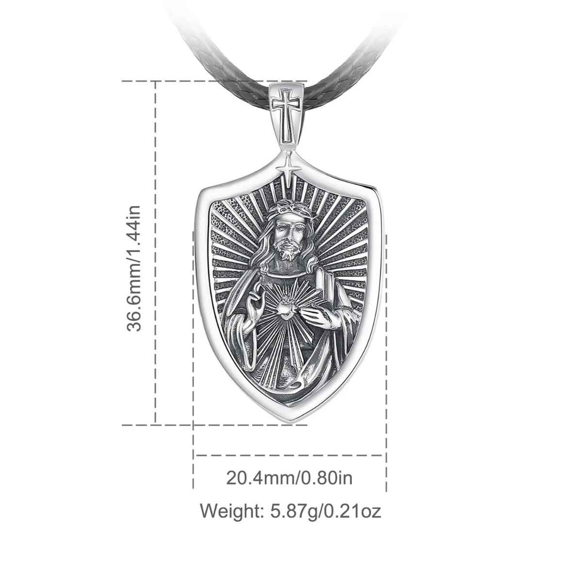 Silver Sacred Heart of Jesus Shield Necklace Dimensions and Weight Xenos Jewelry