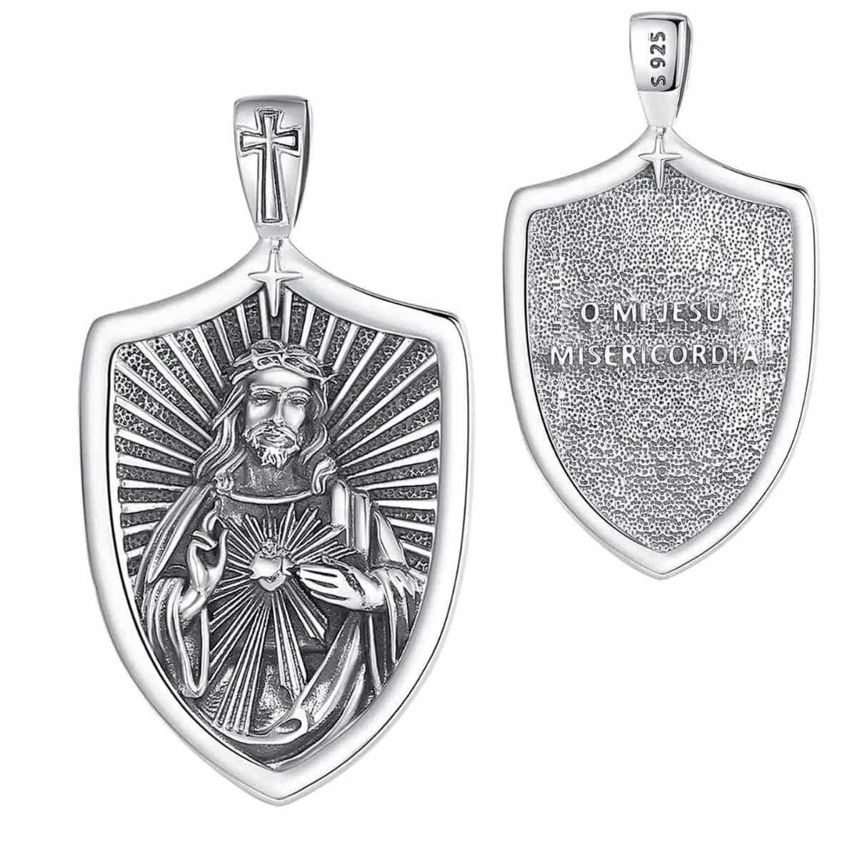 Silver Sacred Heart of Jesus Shield Necklace | Xenos Jewelry