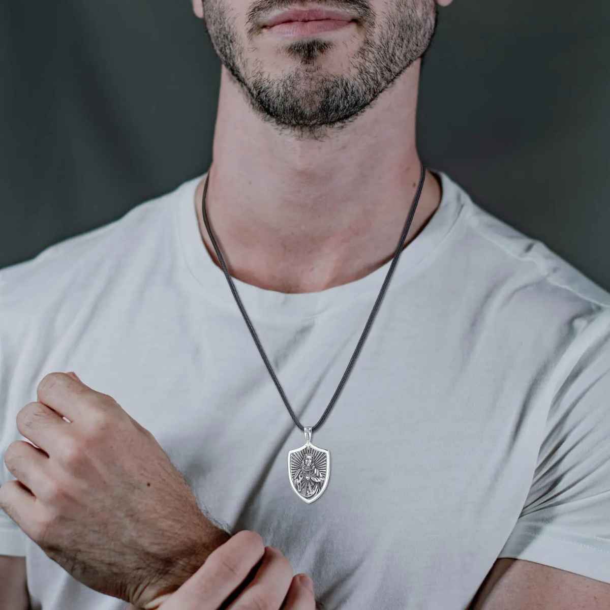 Silver Sacred Heart of Jesus Shield Necklace Worn by Model Xenos Jewelry