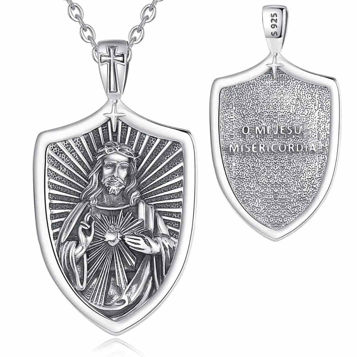 Silver Sacred Heart of Jesus Shield Necklace with 18inch Chain Xenos Jewelry