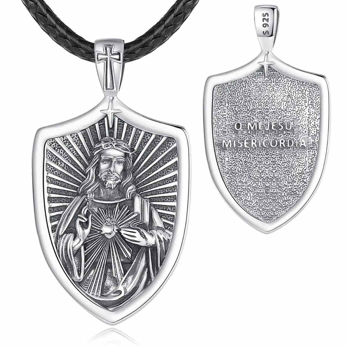 Silver Sacred Heart of Jesus Shield Necklace with 24inch Rope Xenos Jewelry