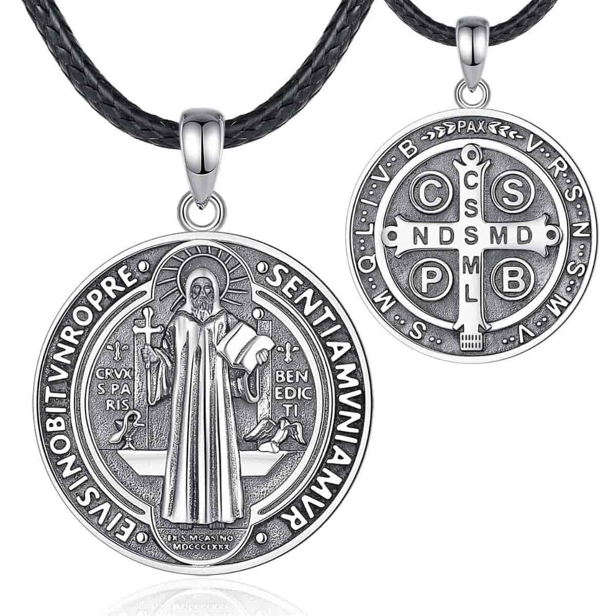 Silver Saint Benedict Medal Necklace with 24 inch Rope Xenos Jewelry