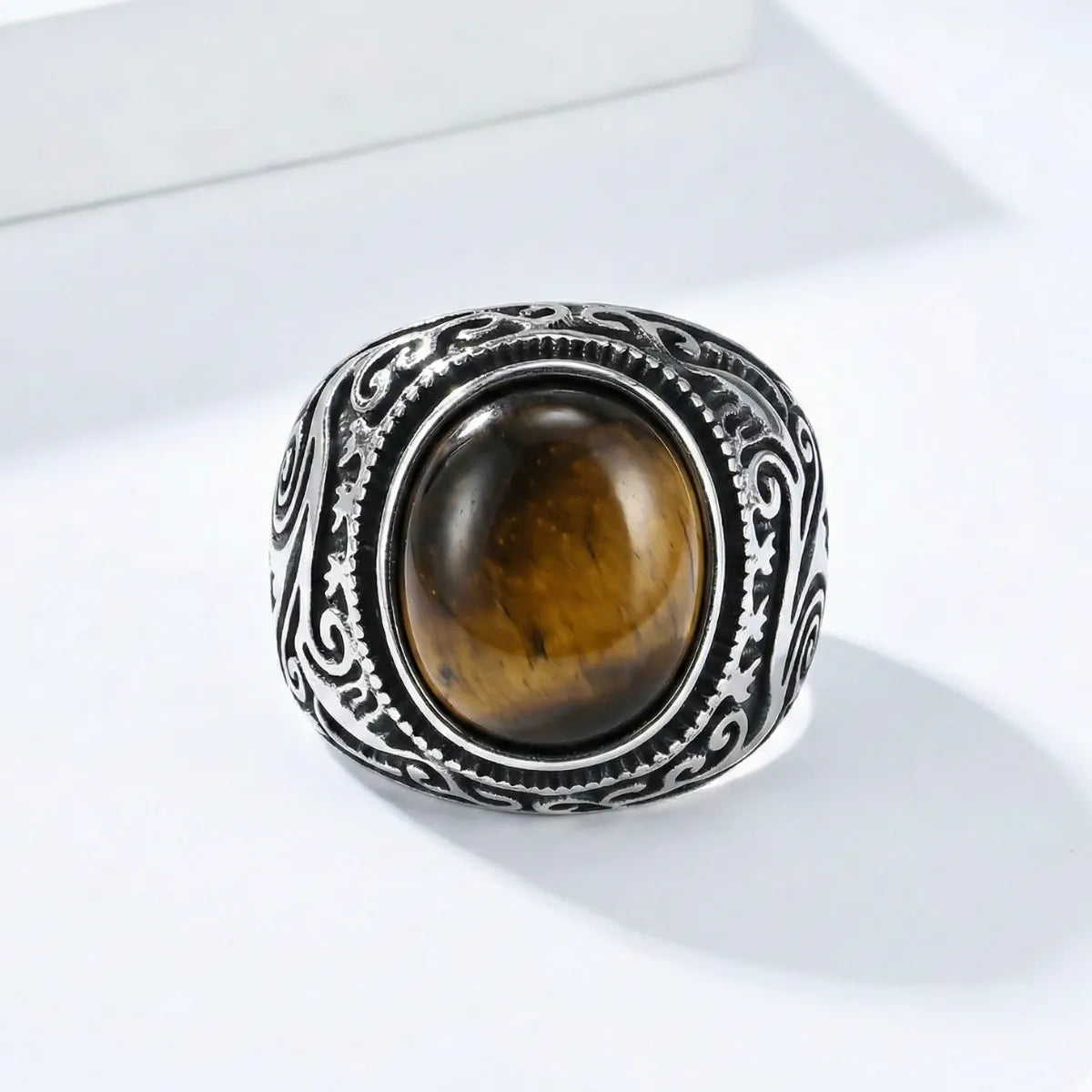 Silver Scrollwork Tiger Eye Signet Ring Front