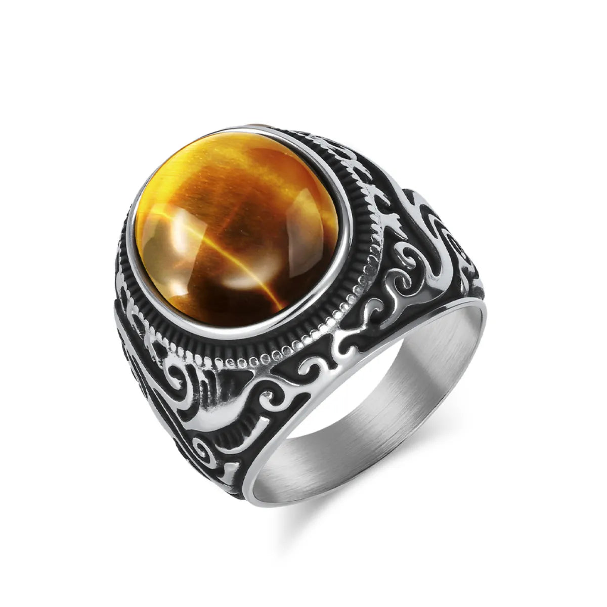 Silver Scrollwork Tiger Eye Signet Ring Side