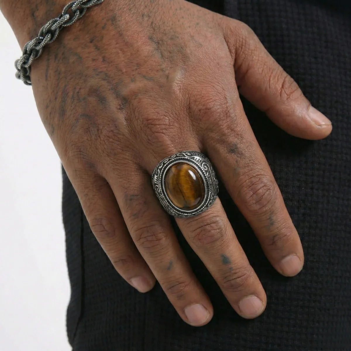 Silver Scrollwork Tiger Eye Signet Ring Worn by Male Model