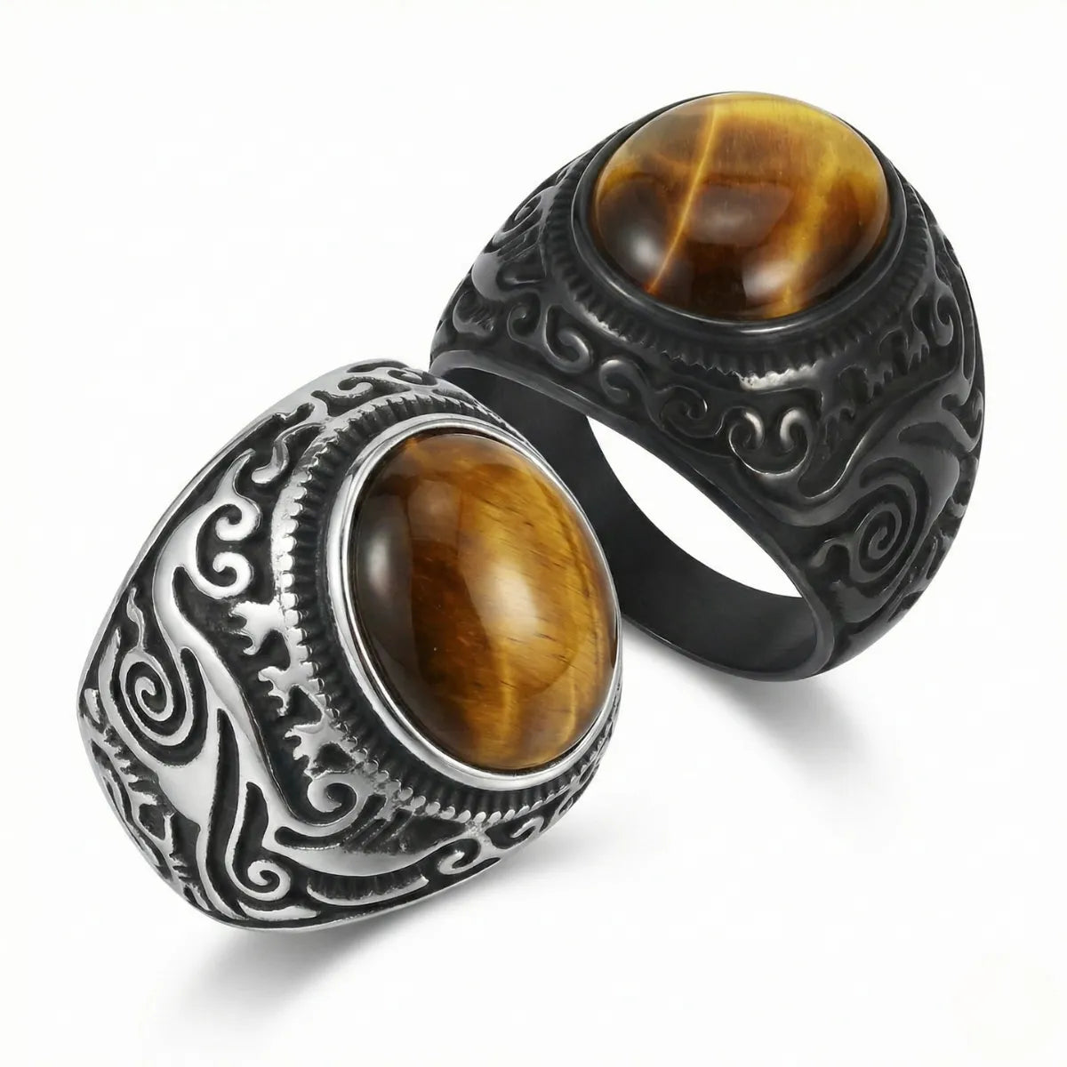 Silver Scrollwork Tiger Eye Signet Ring and Black Scrollwork Tiger Eye Signet Ring Details