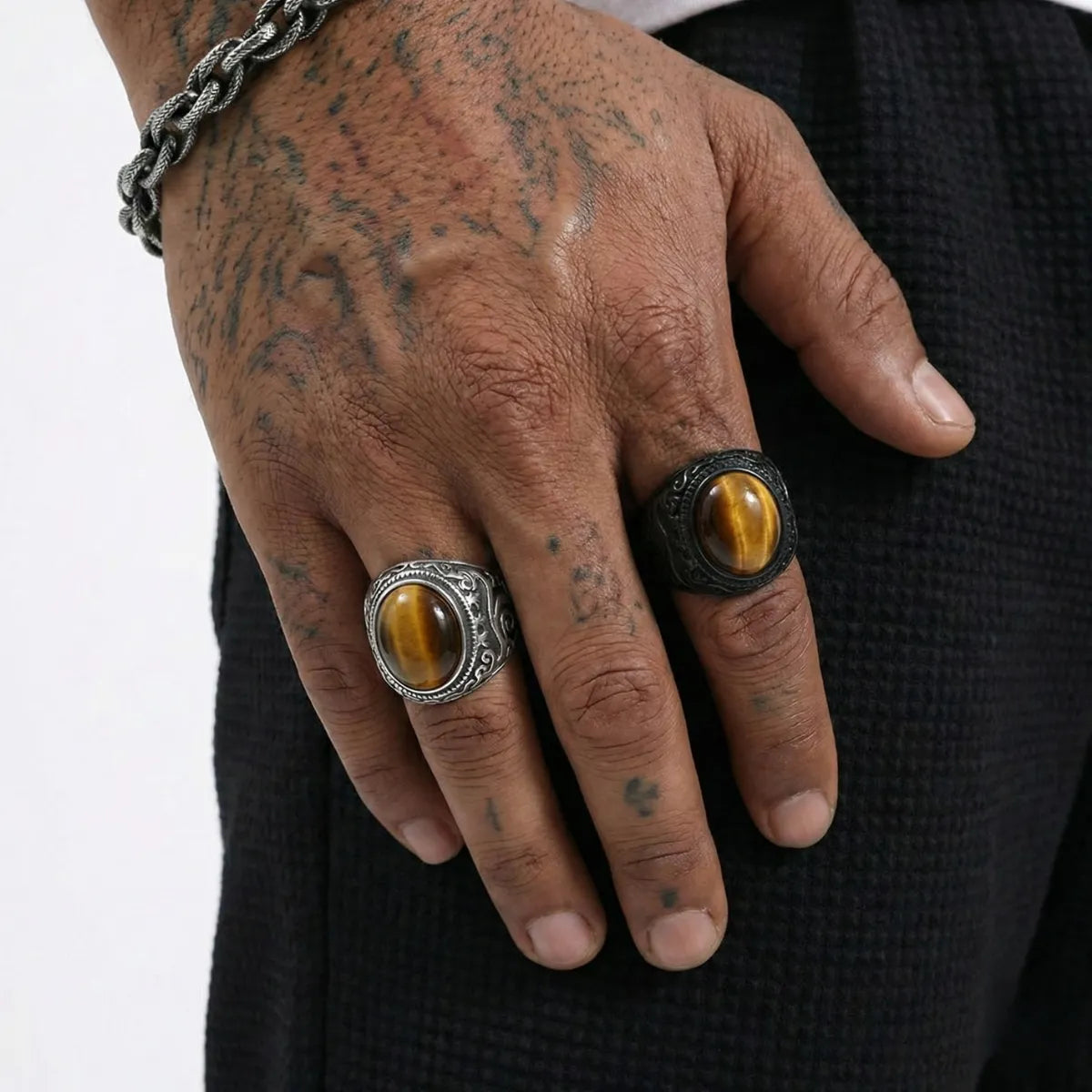 Silver Scrollwork Tiger Eye Signet Ring and Black Scrollwork Tiger Eye Signet Ring Worn by Male Model