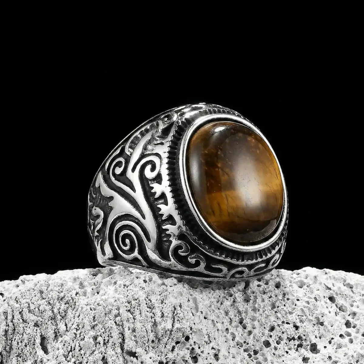 Silver Scrollwork Tiger Eye Signet Ring