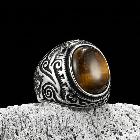 Silver Scrollwork Tiger Eye Signet Ring