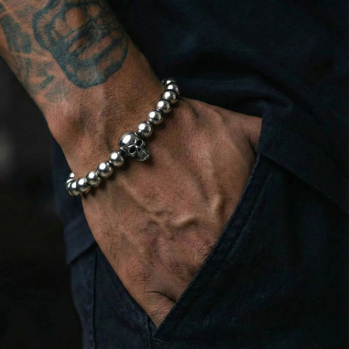 Silver Skull Bead Bracelet Worn by Male Model